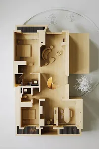 Floor plan of an apartment interior with neutral-toned design elements.