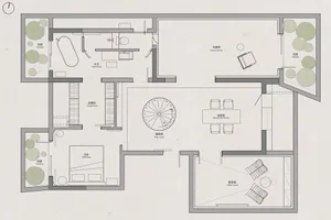 Floor plan of a modern residential living space with neutral-colored decor and a central staircase.