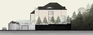 Modern residential home design featuring concrete, glass, and wood materials