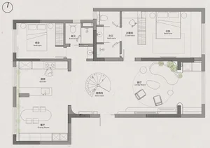 Floor plan of a modern apartment with neutral tones, featuring a living room, dining room, kitchen, two bedrooms, two bathroo