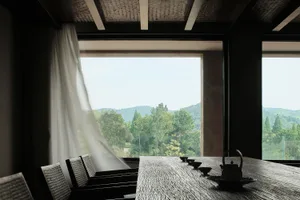 Teak table and chairs in a modern living room with a view of mountains through a large window.
