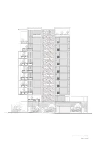 Cross-sectional architectural drawing of a modern high-rise building with glass facade and balconies.