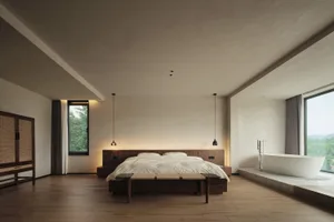 Modern minimalist bedroom with a wooden bed frame, white linens, and marble flooring, featuring natural light and views of gr