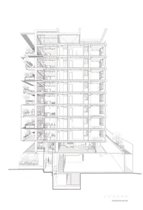 A detailed cross-sectional view of a multi-story residential apartment building.