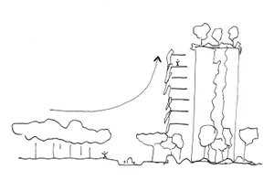 Hand-drawn, black-on-white sketch depicting an outdoor climbing wall structure with a human figure ascending.