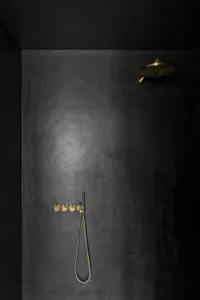 A modern bathroom with black concrete walls and brass fixtures, including a rain shower head, handheld showerhead, and push b