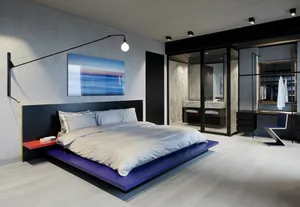 Modern minimalist bedroom with a wooden platform bed and glass accents