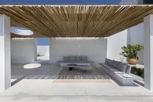 Concrete patio with modern furniture and a cactus plant.