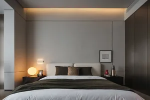 Modern minimalist bedroom featuring soft lighting, minimalist furniture, and textured matte finishes on the bed and walls.