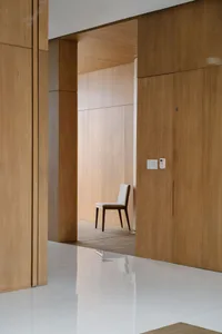 Modern living room featuring wooden furniture and minimalist decor.