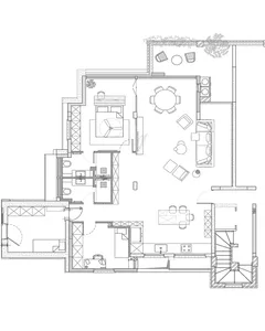 Floor plan of a modern residential design with open living spaces, bedrooms, and a bathroom.
