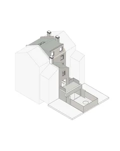 Isometric drawing of a modern townhouse with a brick exterior.