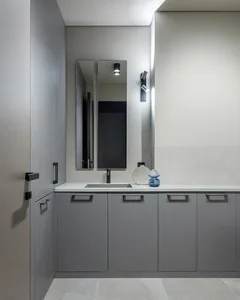 Modern minimalist bathroom with monochrome design, featuring sink, mirror, and cabinets.