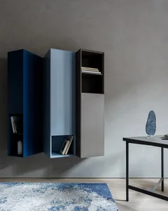 Minimalist metal furniture consisting of an open bookshelf and a closed cabinet.