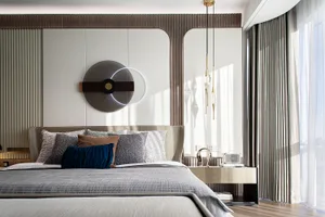 Modern, minimalist bedroom featuring a sleek bed with textured bedding, a stylish nightstand, and a tech-inspired clock on th