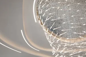 A modern, minimalist interior with a glass ceiling featuring a contemporary, artistic design.