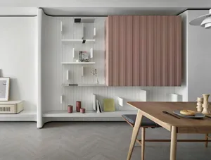 Minimalist interior design featuring wooden furniture and laminate flooring.