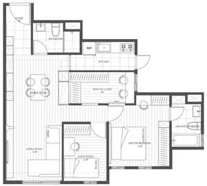 Floor plan of a modern apartment with living room, dining room, kitchen, and bedroom.