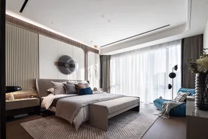 A modern bedroom featuring fabric elements and contemporary design.