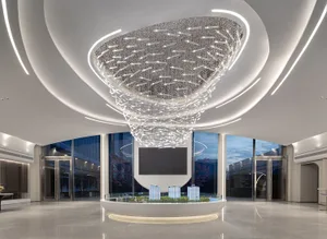 A modern commercial interior featuring a glass ceiling with an intricate lighting design.