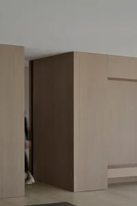 A minimalist indoor space featuring wooden panels.
