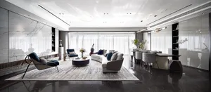 Modern living room with marble flooring in black and white
