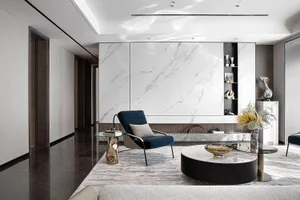 Modern living room featuring marble accent wall, glass coffee table, metal side table, and wooden elements.
