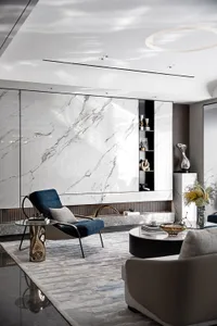 Modern living room featuring marble walls and leather furniture