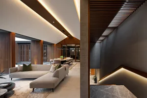 Modern living room featuring contemporary furniture and minimalist design elements made of composite materials