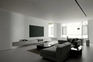 Minimalist living room with concrete walls and a black leather sofa, featuring a sleek black coffee table, large windows, and