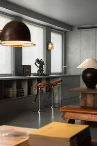 Living room interior with mixed media furniture and industrial accents