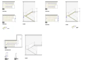 Floor plans and elevations of a modern staircase made of glass and metal materials.