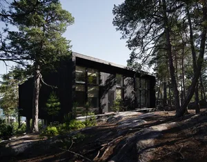 A modern, black wooden house surrounded by trees and rocks.