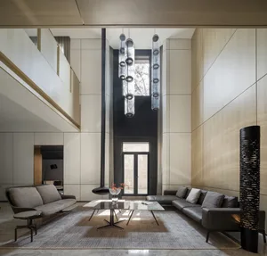 A modern living room featuring metal and wooden elements.