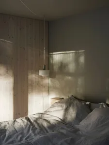 A minimalist bedroom with wooden walls and fabric bedding, featuring natural light and a hanging lamp.