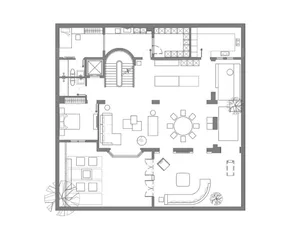 Floor plan of a modern residential home with open living spaces, a kitchen, bedrooms, and bathrooms.