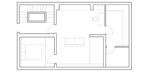 A minimalist floor plan layout showing a living area, bedroom, and staircase.