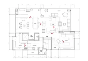A detailed architectural floor plan of a modern living room with furniture layout, dimensions, and designated areas.