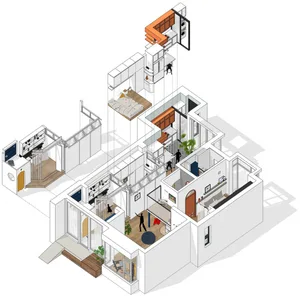 An isometric view of a modern living space with concrete, wood, and glass materials.