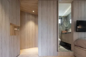 Modern bathroom suite with light wood flooring and walls, showcasing sleek design and limited color palette.
