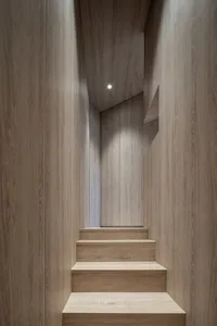 Modern interior space with wooden stairs and walls.