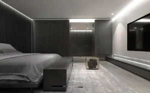 A modern minimalist bedroom with wooden furniture and dark wooden walls