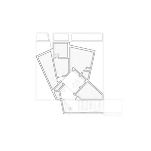 A black and white architectural floor plan showing the layout of a modern interior design