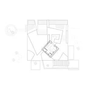 Modern architectural floor plan without color fill, showing residential layout and spatial composition.