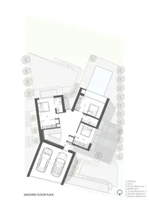 Modern house ground plan with concrete and minimalist design features.
