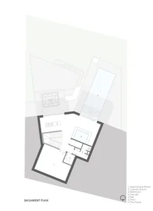 2D architectural drawing of a modern house's underground structure, featuring a mechanical room, laundry room, bathroom, jacu