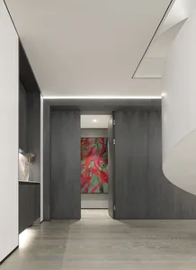 Modern residential corridor with wooden floors and walls.