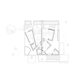 2D architectural drawing of a residential floor plan with mixed media elements