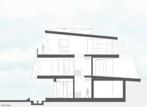 Cross-section drawing of a modern residential house featuring glass walls and steel beams.