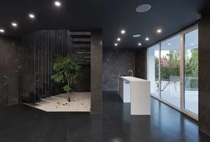 Industrial-style residential interior featuring concrete and glass materials